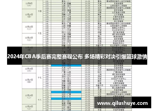 2024年CBA季后赛完整赛程公布 多场精彩对决引爆篮球激情